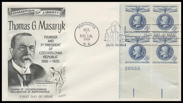 1147 / 4c Thomas G. Masaryk 1960 Plate Block Fleetwood First Day Cover
