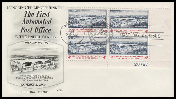 1164 / 4c First Automated Post Office 1960 Plate Block Fleetwood First Day Cover