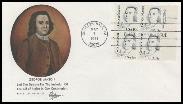 1858 / 18c George Mason Plate Block 1981 Gill Craft First Day Cover