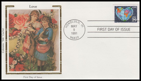 2535 / 29c Heart-Shaped Globe : Love 1991 Colorano Silk First Day Cover