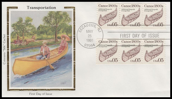 2453 / 5c Canoe 1800s Coil Strips Pair 1991 Colorano Silk First Day Cover