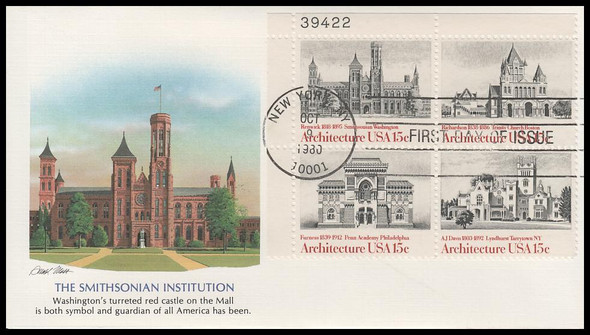 1841a / 15c American Architecture 1980 Plate Block Fleetwood First Day Cover
