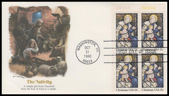 1842 / 15c Madonna and Child : Christmas 1980 Plate Block Fleetwood First Day Cover