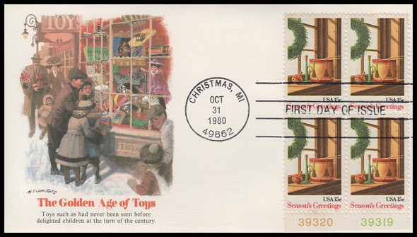 1843 / 15c Wreath and Toys : Christmas 1980 Plate Block Fleetwood First Day Cover