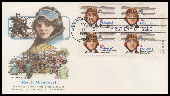 C99 / 28c Blanche Stuart Scott : Airmail 1980 Plate Block Fleetwood First Day Cover