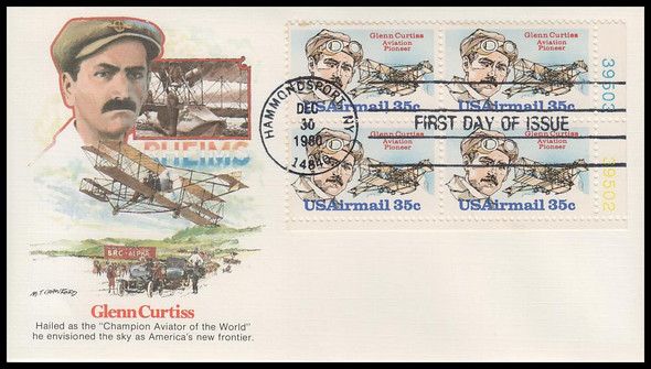 C100 / 35c Glenn Curtiss : Airmail 1980 Plate Block Fleetwood First Day Cover