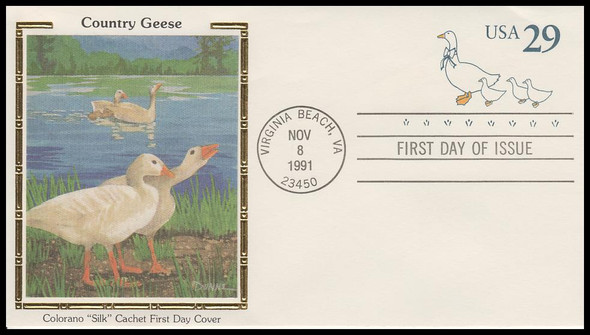 U624 / 29c Country Geese 1991 Stamped Envelope Colorano Silk First Day Cover