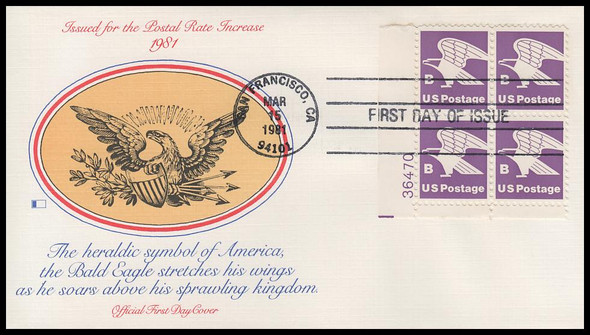 1818 / 18c B-Rate Eagle 1981 Plate Block Fleetwood First Day Cover