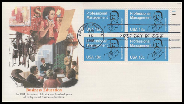 1920 / 18c Joseph Wharton : Wharton School of Finance and Commerce 1981 Plate Block Fleetwood First Day Cover