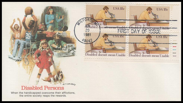 1925 / 18c International Year of the Disabled 1981 Plate Block Fleetwood First Day Cover