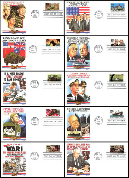 2559a - j / 1941 : " A World at War " Set of 10 : World War II / WWII Series 1991 Fleetwood FDCs