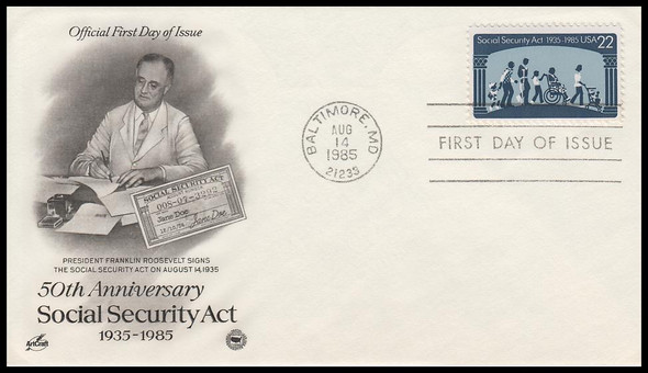 2153 / 22c Social Security Act Artcraft / PCS 1985 First Day Cover