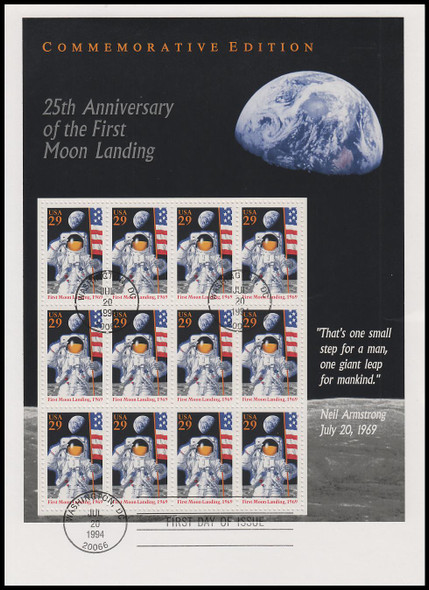 2841 / 29c Moon Landing Pane 1994 USPS Uncacheted First Day Cover
