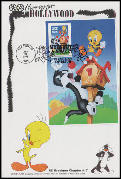 3205c / 32c Sylvester and Tweety : Looney Tunes Imperforated 1998 RC Graebner Chapter #17 First Day Cover