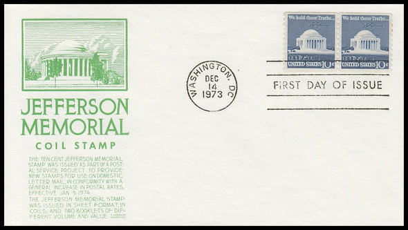 1520 / 10c Jefferson Memorial Coil Pair 1973 Anderson First Day Cover