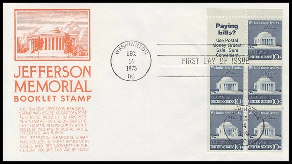 1510b / 10c Jefferson Memorial Booklet Pane of 5 + Mail Label 1973 Anderson First Day Cover
