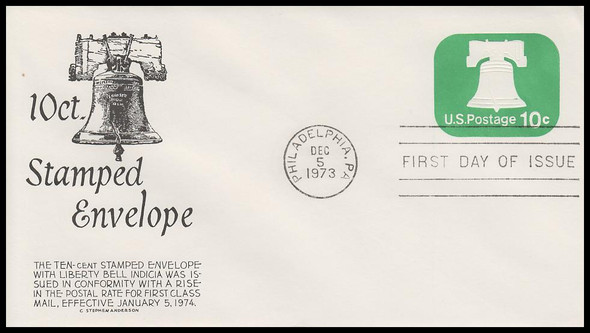 U567 / 10c Liberty Bell Stamped Envelope 1973 Anderson First Day Cover