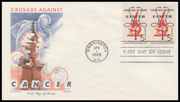 1263 / 5c Crusade Against Cancer Pair 1965 Chickering / Jackson First Day Cover
