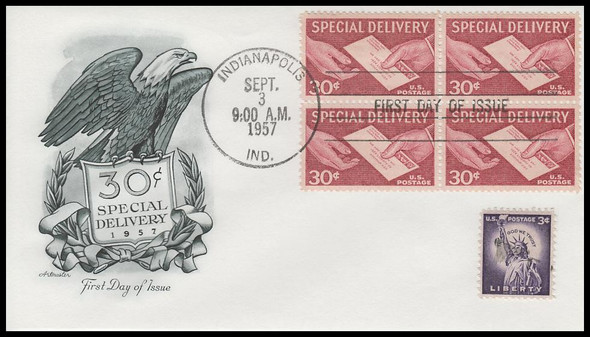 E21 / 30c Special Delivery, Hand to Hand Block 1957 Artmaster First Day Cover