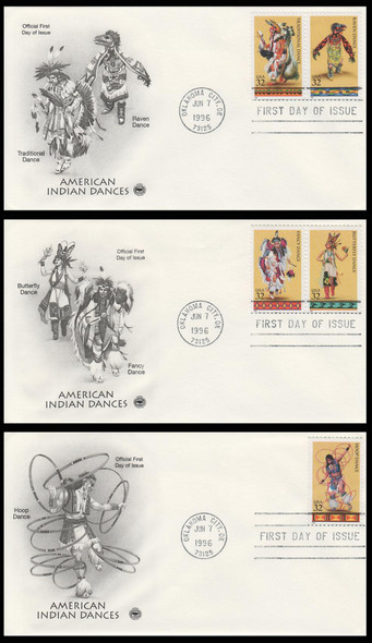 3072 - 3076 / 32c Native American Indian Dances 1996 Set of 3 PCS First Day Covers
