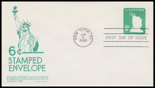 U551 / 6c Liberty Embossed Stationary Envelope 1968 Anderson First Day Cover