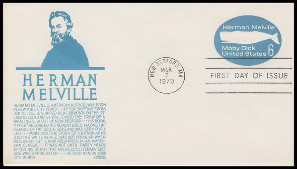 U554 / 6c Herman Melville Embossed Stationary Envelope 1970 Anderson First Day Cover