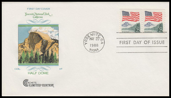 2280 / 25c Flag over Yosemite Coil Pair 1988 Cover Craft Cachets FDC With Insert Card (Limited Edition of Only 50 Made)