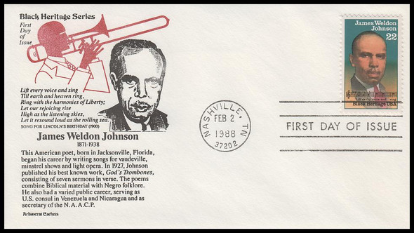 2371 / 22c James Weldon Johnson : Black Heritage 1988 Aristocrat Cachets First Day Cover