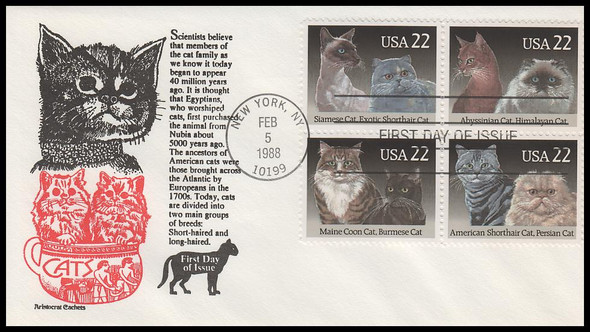 2375a / 22c Cat Breeds Se-Tenant Block 1988 Aristocrat Cachets First Day Cover
