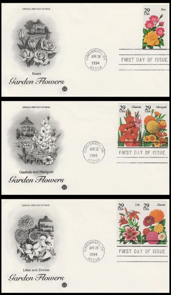 2829 - 2833 / 29c Summer Garden Flowers 1994 Set of 3 PCS First Day Covers