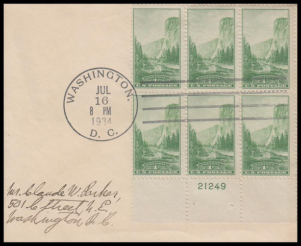 0740 / 1c Yosemite, California 1934 Plate Block of 6 Uncacheted First Day Cover