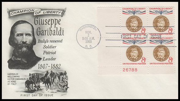 1169 / 8c Giuseppe Garibaldi 1960 Plate Block Fleetwood First Day Cover