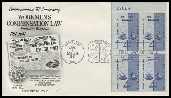 1186 / 4c Workmen's Compensation Law 1961 Plate Block Fleetwood First Day Cover