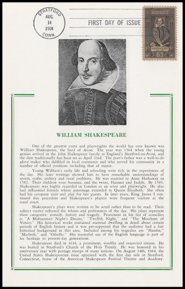 1250 / 5c William Shakespeare 1964 Hammond Maxicard First Day Of Issue