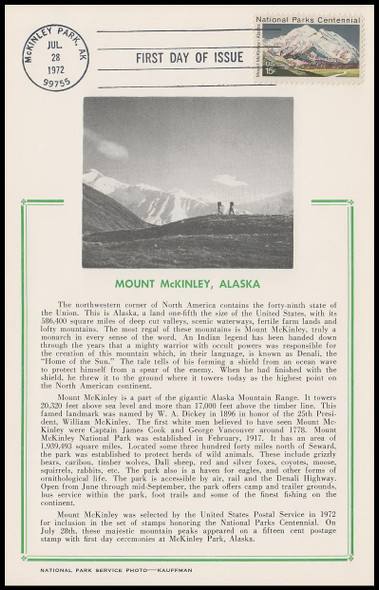 1454 / 15c Mount McKinley : National Parks Centennial 1972 Hammond Maxicard First Day Of Issue