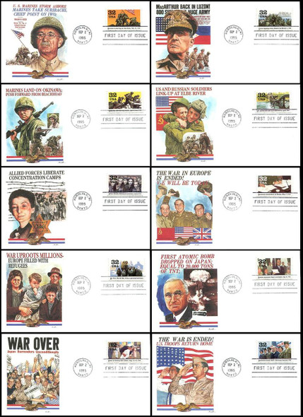 2981a - j / 1945 : " Victory At Last " Set of 10 : World War II / WWII Series 1995 Fleetwood FDCs