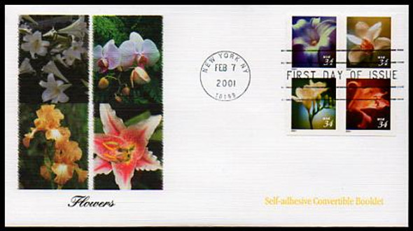 3490a  / 34c Flowers Self-Adhesive Convertible Booklet Se-Tenant Block Fleetwood 2001 FDC