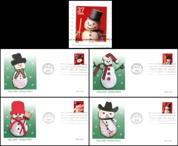 3680 - 3683 / 37c Snowman Linerless PSA Coil Set of 4 with PNC # G1111 Fleetwood 2002 First Day Covers