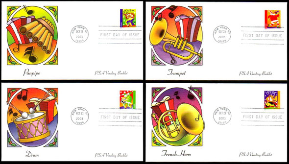 3825 - 3828 / 37c Holiday Music Makers PSA Vending Booklet Singles Set of 4 : Christmas Series Fleetwood 2003 First Day Covers