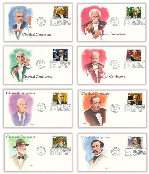 3158 - 3165 / 32c Classical Composers and Conductors : American Music Series Set of 8 Fleetwood 1997 First Day Covers