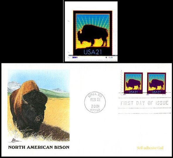 3475 / 21c North American Bison Self-Adhesive Coil Pair with PNC # V1111 Fleetwood 2001 FDC
