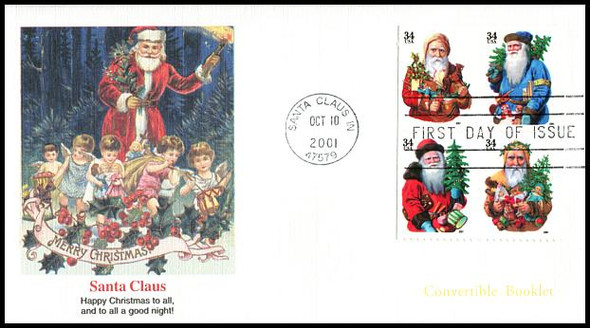 3540c / 34c Holiday Santas Convertible Booklet Block of 4 Fleetwood 2001 First Day Cover