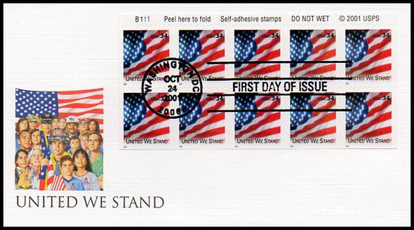 3549a / 34c United We Stand / US Flag Booklet Pane of 10 Fleetwood 2001 First Day Cover