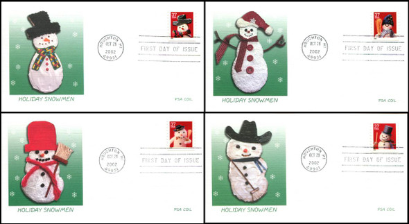 3680 - 3683 / 37c Snowmen  PSA Coil Set of 4 Fleetwood 2002 First Day Covers