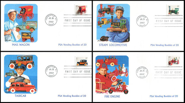 3642 - 3645 / 37c  Antique Toys PSA Vending Booklet Set of 4 Fleetwood 2002 First Day Covers