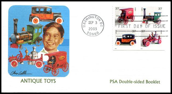 3645g / 37c Antique Toys PSA Double-Sided Booklet Pane of 4 Fleetwood 2003 First Day Cover