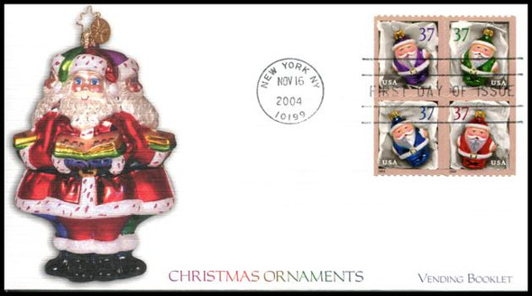 3890a / 37c Christmas Santa Ornaments Vending Booklet Pane of 4  : Christmas Series Fleetwood 2004 FDC