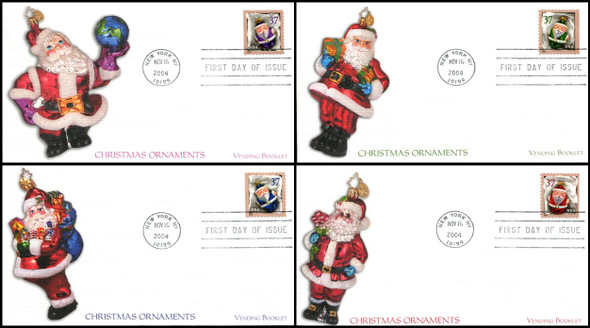 3887 - 3890 / 37c Christmas Santa Ornaments Vending Booklet Singles Set of 4  : Christmas Series Fleetwood 2004 FDCs