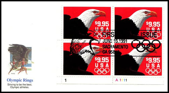 2541 / $9.95 Express Mail Eagle and Olympic Rings Domestic Rate Plate Block Bottom Left 1991 Fleetwood FDC