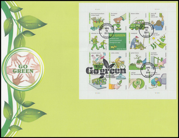 4524 / 44c Go Green Pane of 16 Oversized Large Format Fleetwood 2011 FDC